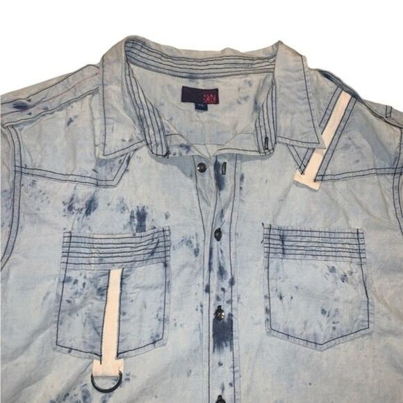 NWT SYN Jeans Twill Trim Men’s Short Sleeve Button Down Denim Shirt Size XL - Picture 3 of 4